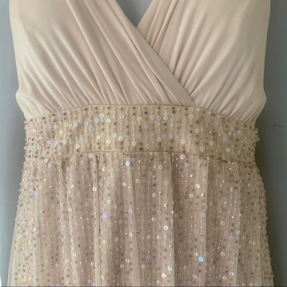 BCBGMAXAZRIA Sequin Embellished Nude Blush Sleeveless Midi Dress - Picture 5 of 16